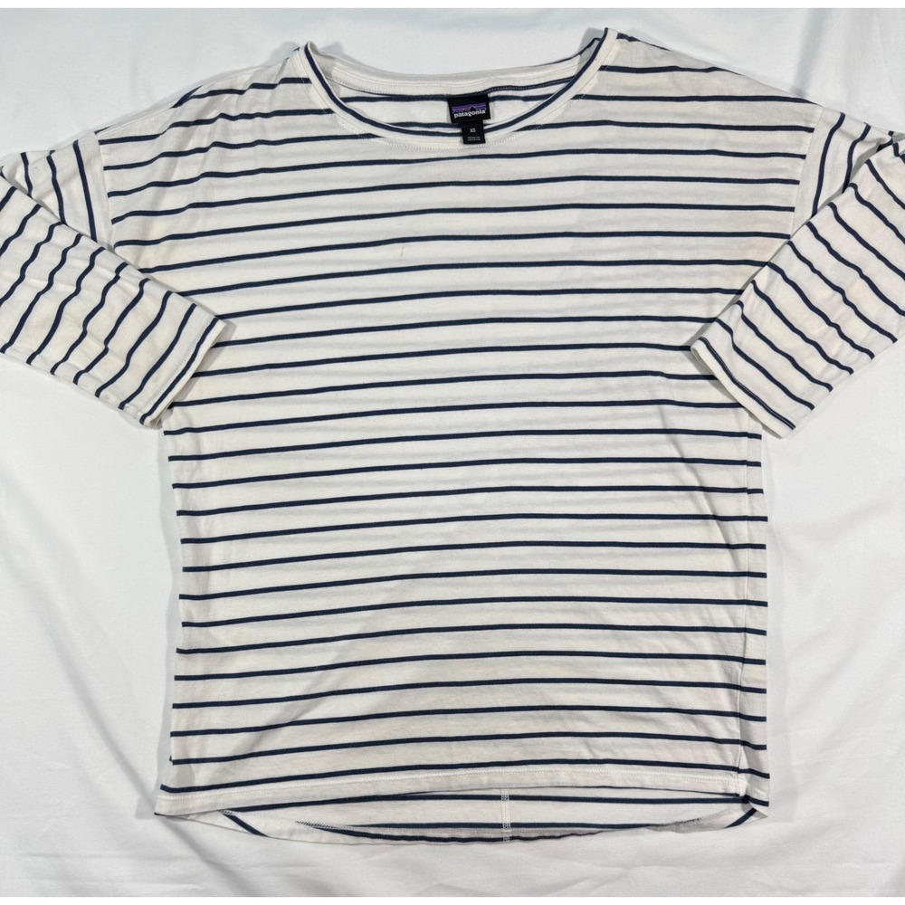 Patagonia Womens XS Striped Long Sleeve Top Navy White Organic Cotton Tencel